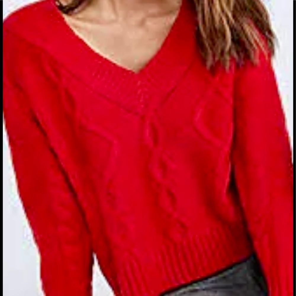 Ann Taylor Candy Red V Neck Cable Sweater, XL